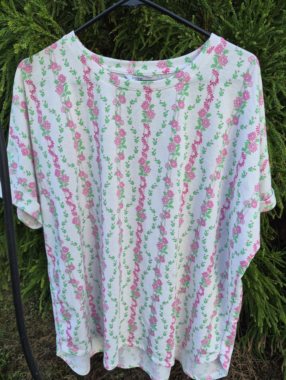 Crown And Ivy Floral Stripe Short-Sleeve Women's Top - Pink/Green XXL